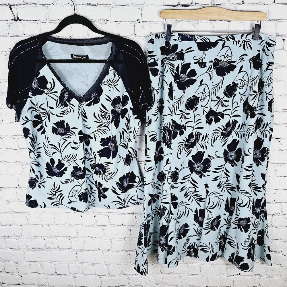 JACQUES VERT | 2 piece floral flower mesh shoulder v-neck trumpet skirt set